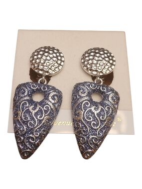 Silver and Blue Filigree Drop Clip-on Earrings
